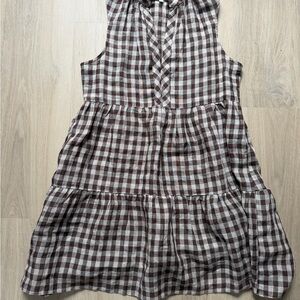 Olivaceous Brown and White Gingham Sleeveless Tiered Dress